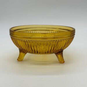 Vintage Amber Glass Ribbed Footed Bowl - Three-Legged Candy/Trinket Dish